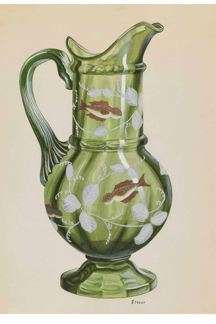 Green glass pitcher with fish and leaf design.