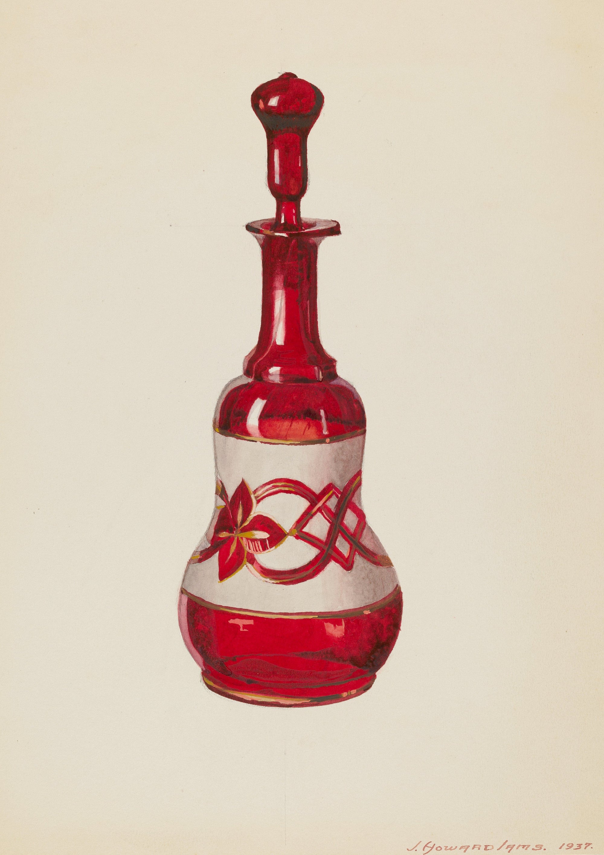 1937 J. Howard Iams bottle art, red and white design