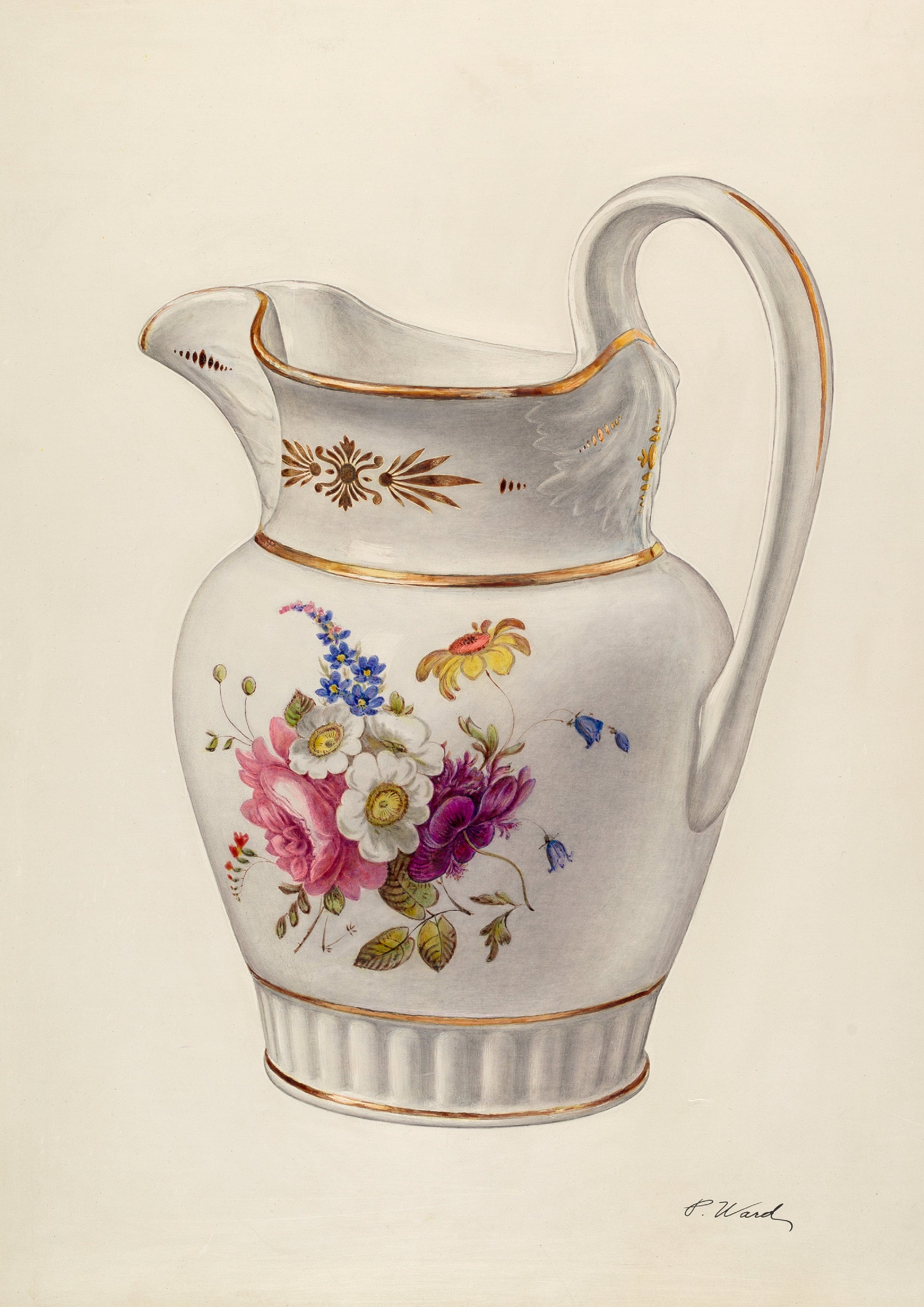 White porcelain pitcher with floral design, c.1940