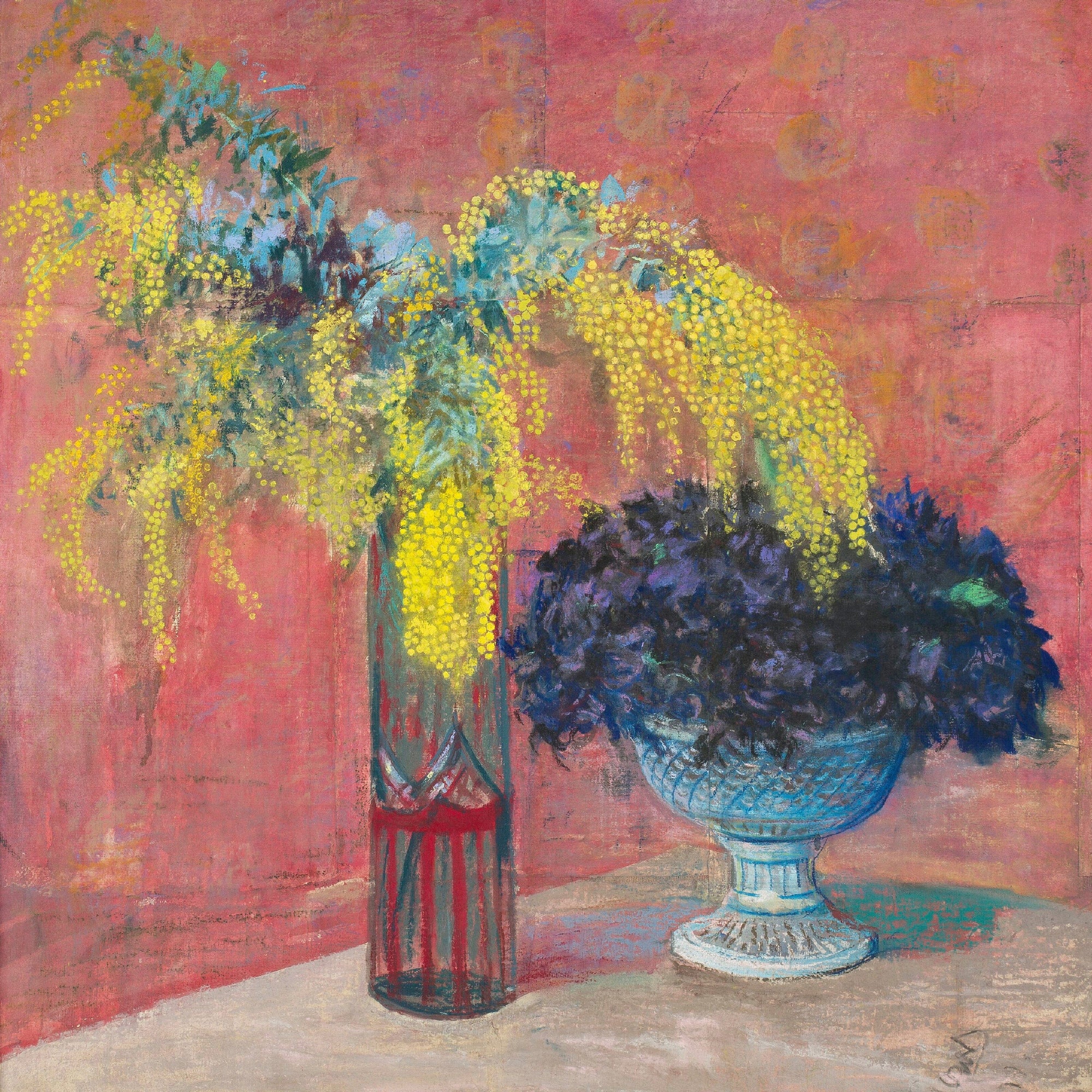 Painting of flowers in vases on a table.