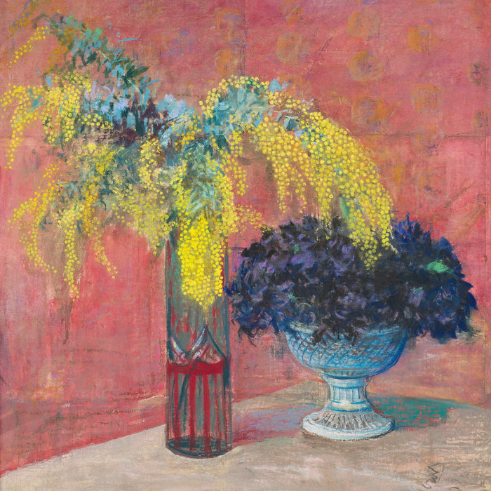 Painting of flowers in vases on a table.