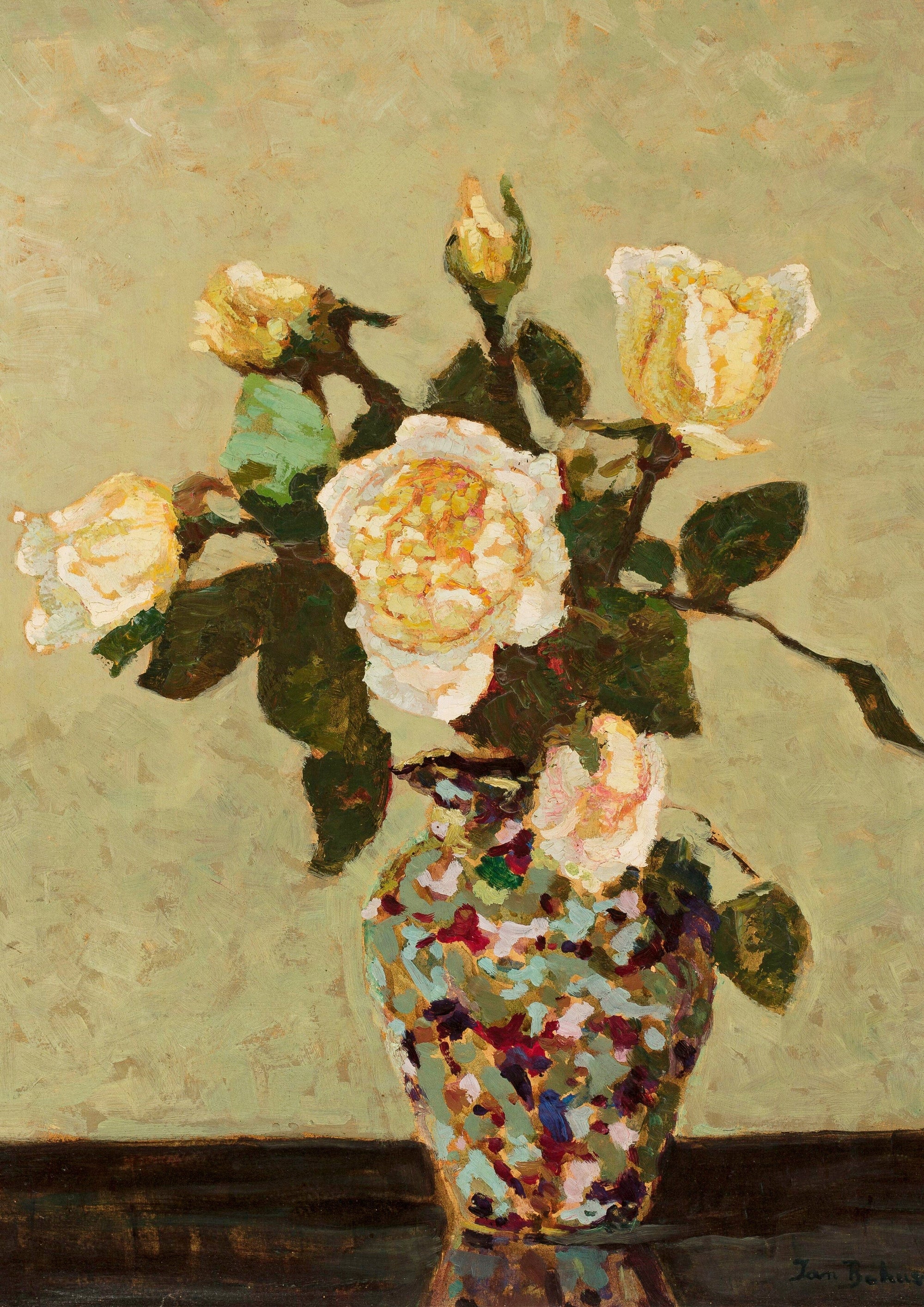 Vase of yellow and white roses.