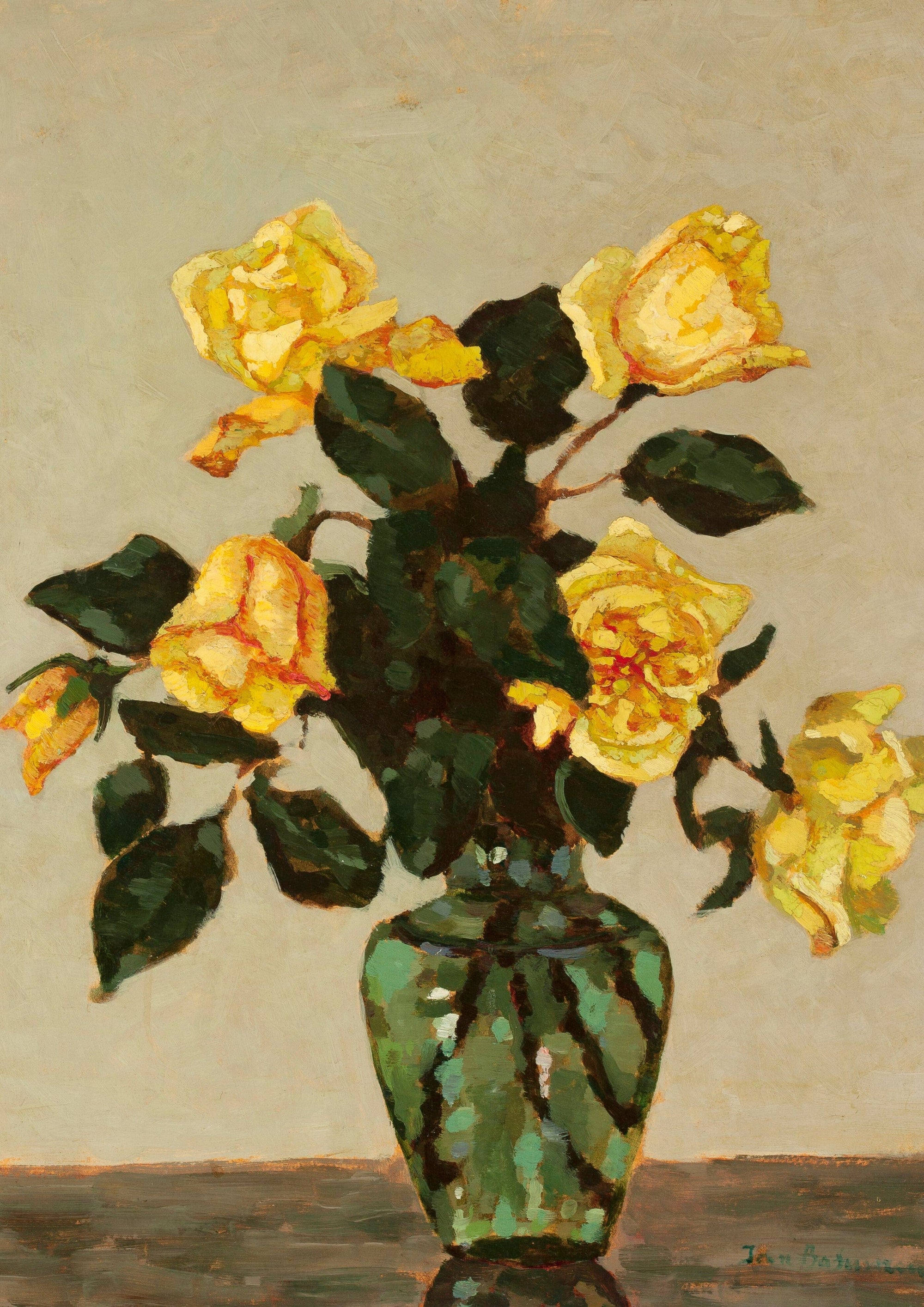 Yellow roses in a green vase.