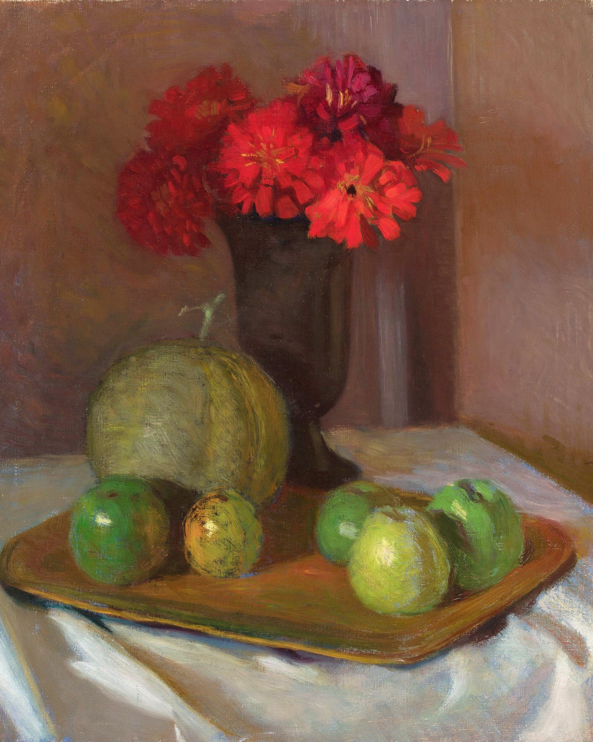 Still life painting of flowers, fruit, and vase.