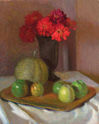 Still life painting of flowers, fruit, and vase.
