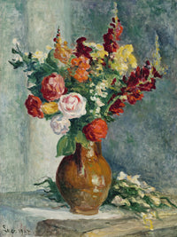 Still life painting of flowers in a vase.