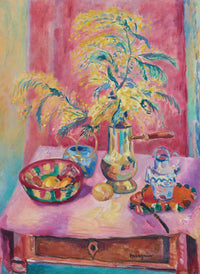 Still life painting of flowers and fruit on a table.