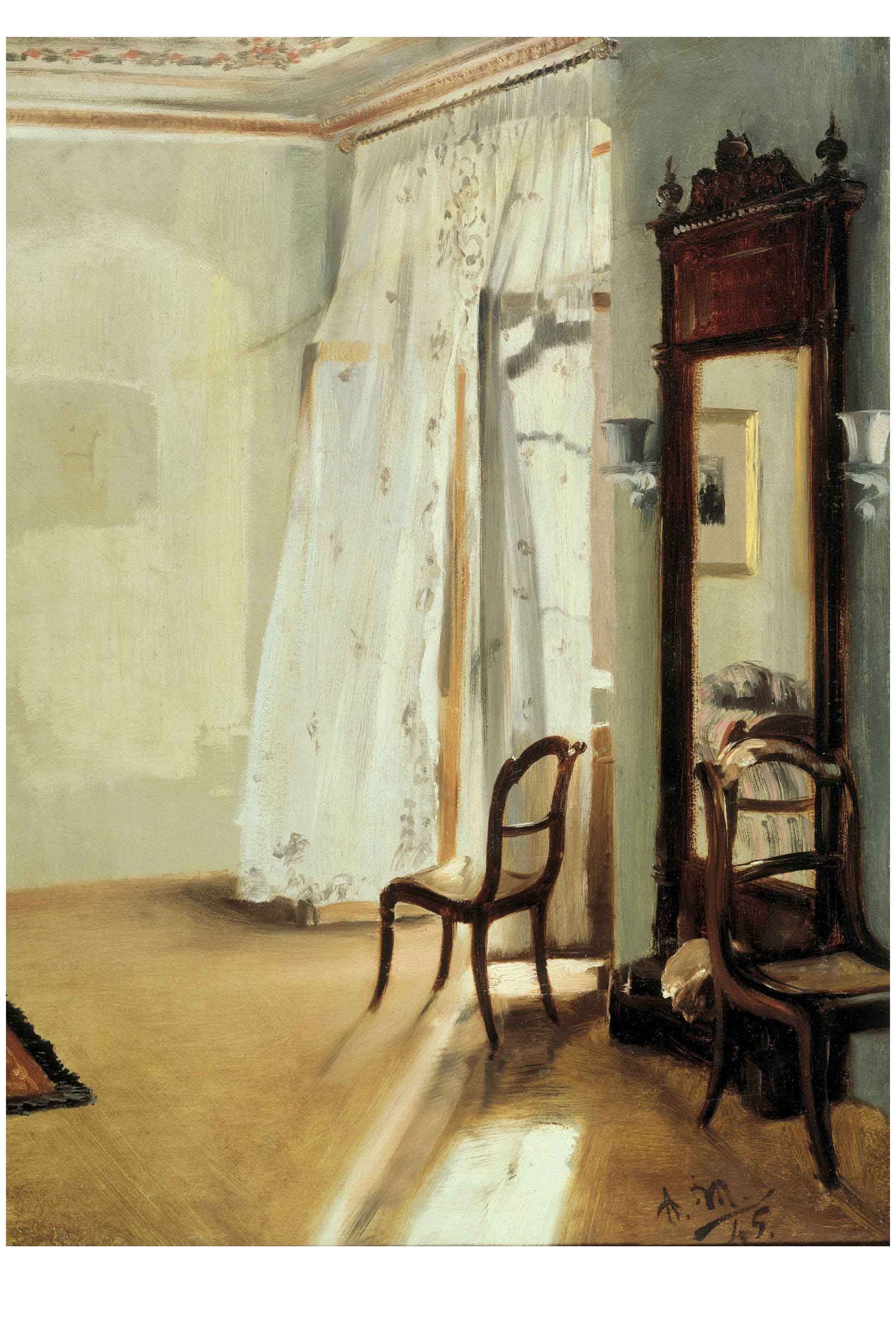 Interior scene with chairs, mirror, and sunlight.
