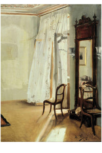 Interior scene with chairs, mirror, and sunlight.