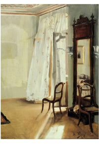 Interior scene with chairs, mirror, and sunlight.
