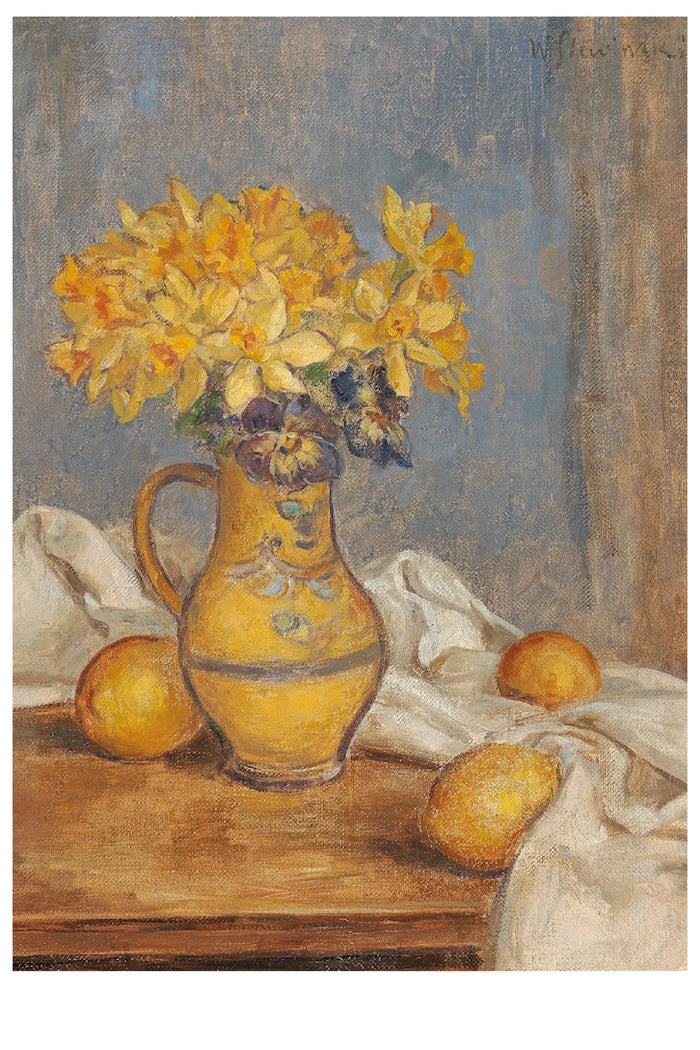 Still life painting of yellow daffodils in a vase with fruit.