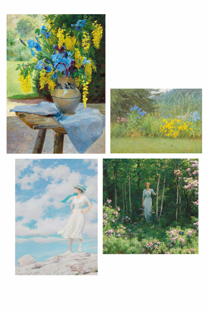 floral still life, landscape, woman in blue, forest.