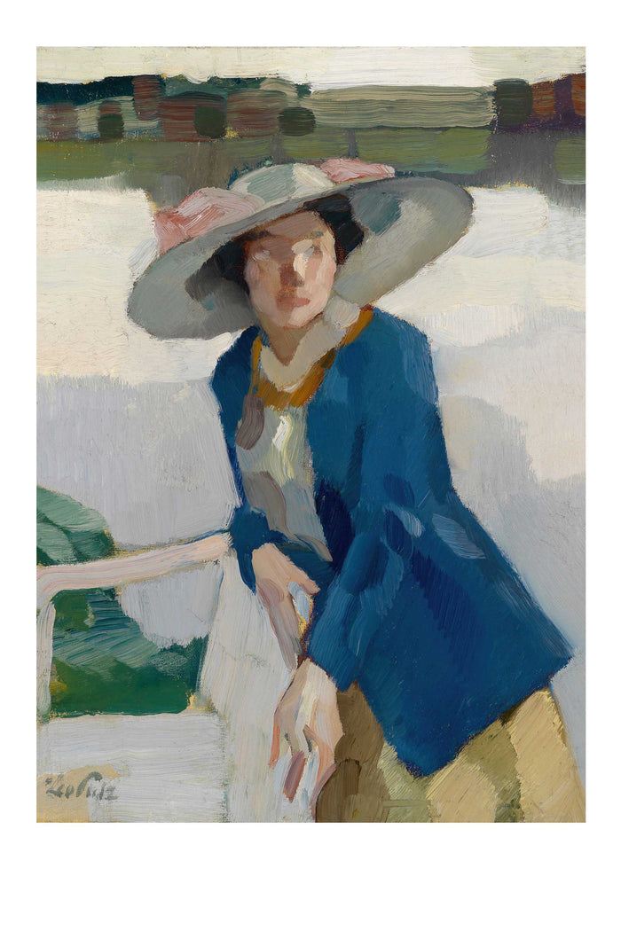 Woman in hat and blue jacket painting