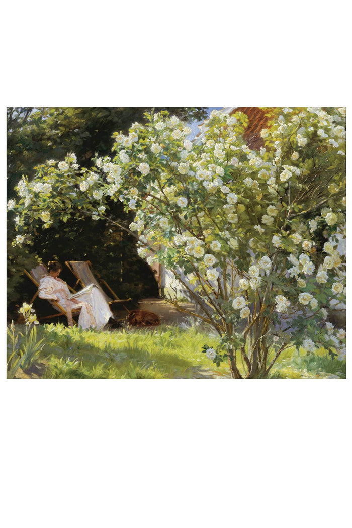 Art print of a woman relaxing near white roses.