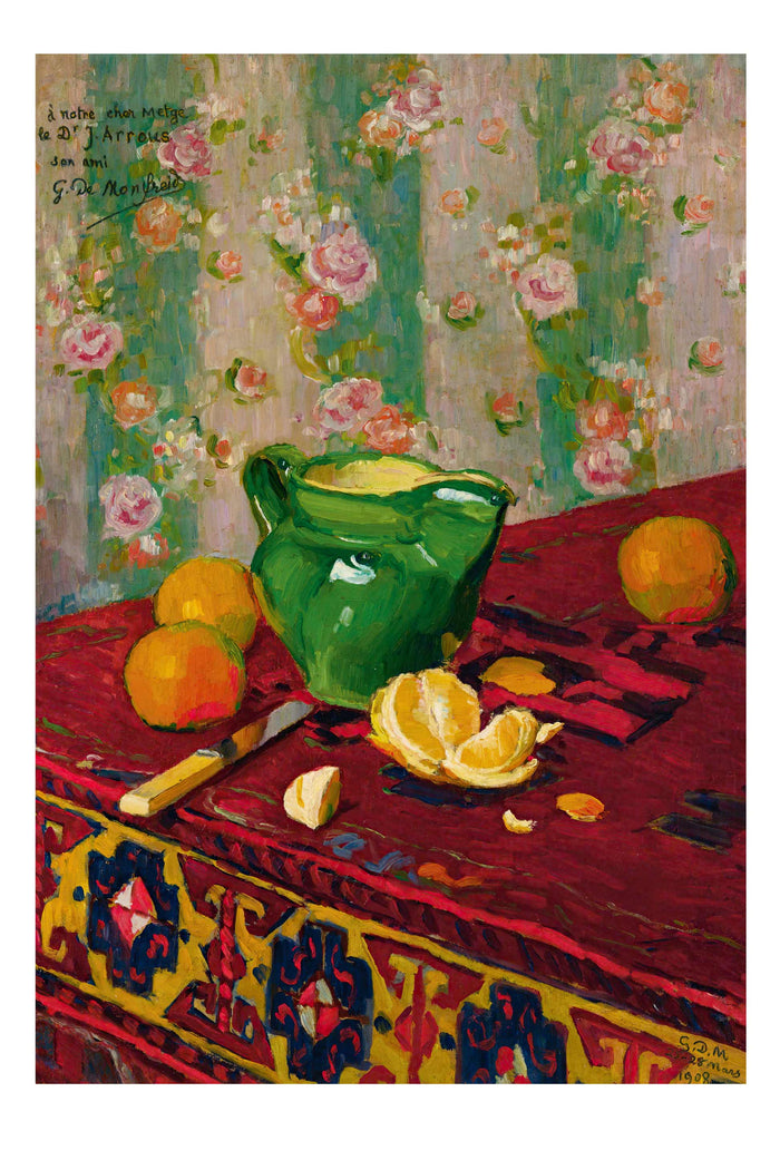 Art Print of Nature Morte with green pitcher and oranges