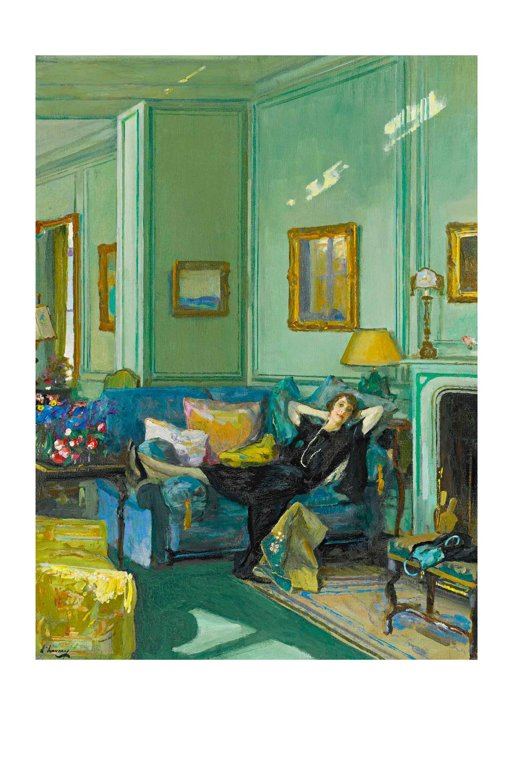 Art print of Mrs. Osler relaxing in a green room.
