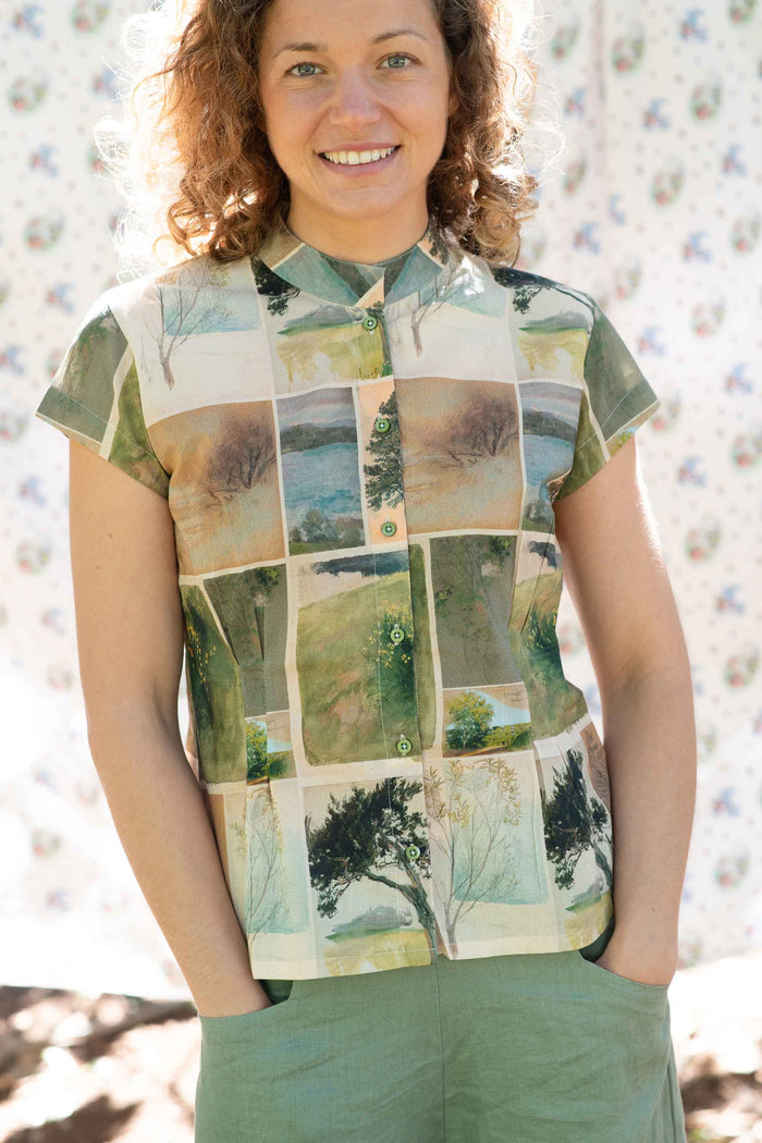 Audrey in Ollie Mineral Green nature study top