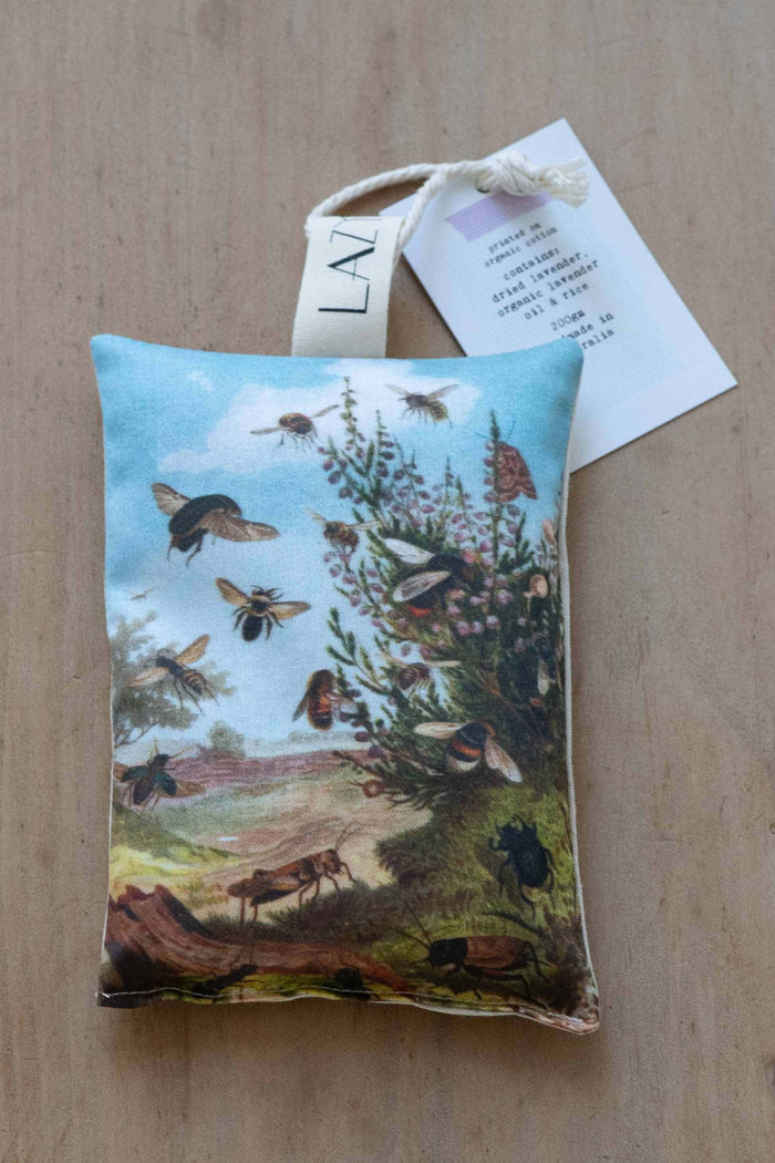 Bee sachet with vintage insect illustration and tag.