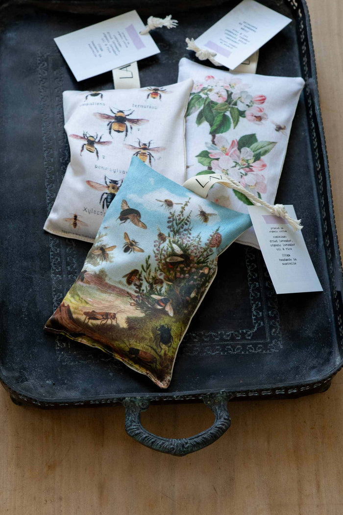 Lavender bee sachets on tray