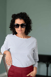 Bella Midnight Solent Tee - woman wearing sunglasses and striped shirt