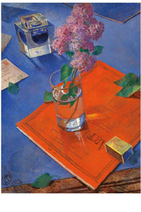 Still life painting with lilacs, inkwell, and book.