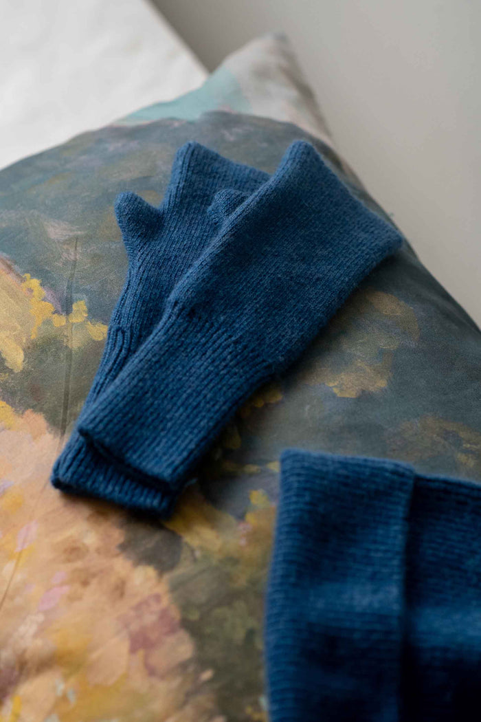 Blue gloves and beanie on landscape pillow