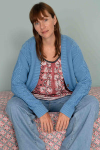 Charli in French floral top and jeans