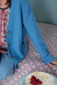 CharliLichen in blue cable-knit cardigan