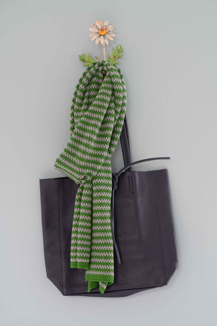 Cher blue leather tote with green scarf