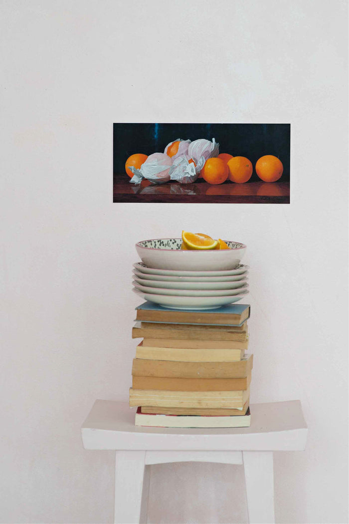 Still life painting of oranges and plates atop books - DSC0114_1