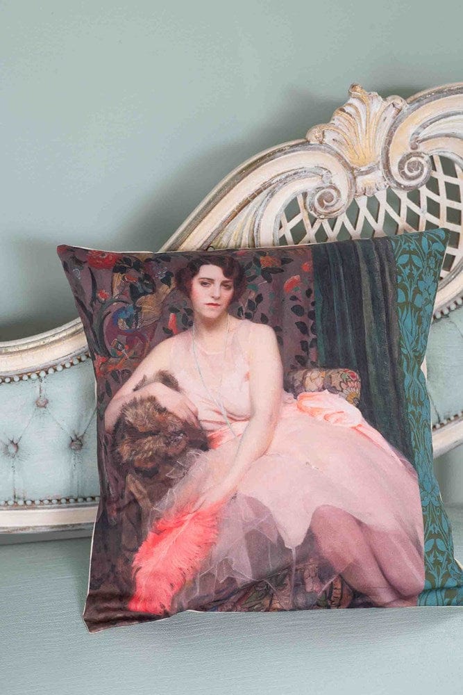 Vintage portrait pillow on bed