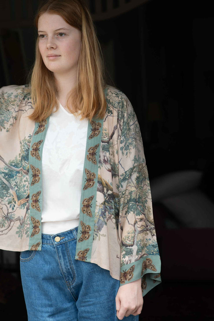 Woman in Earth Sky Kimono Tilly Top