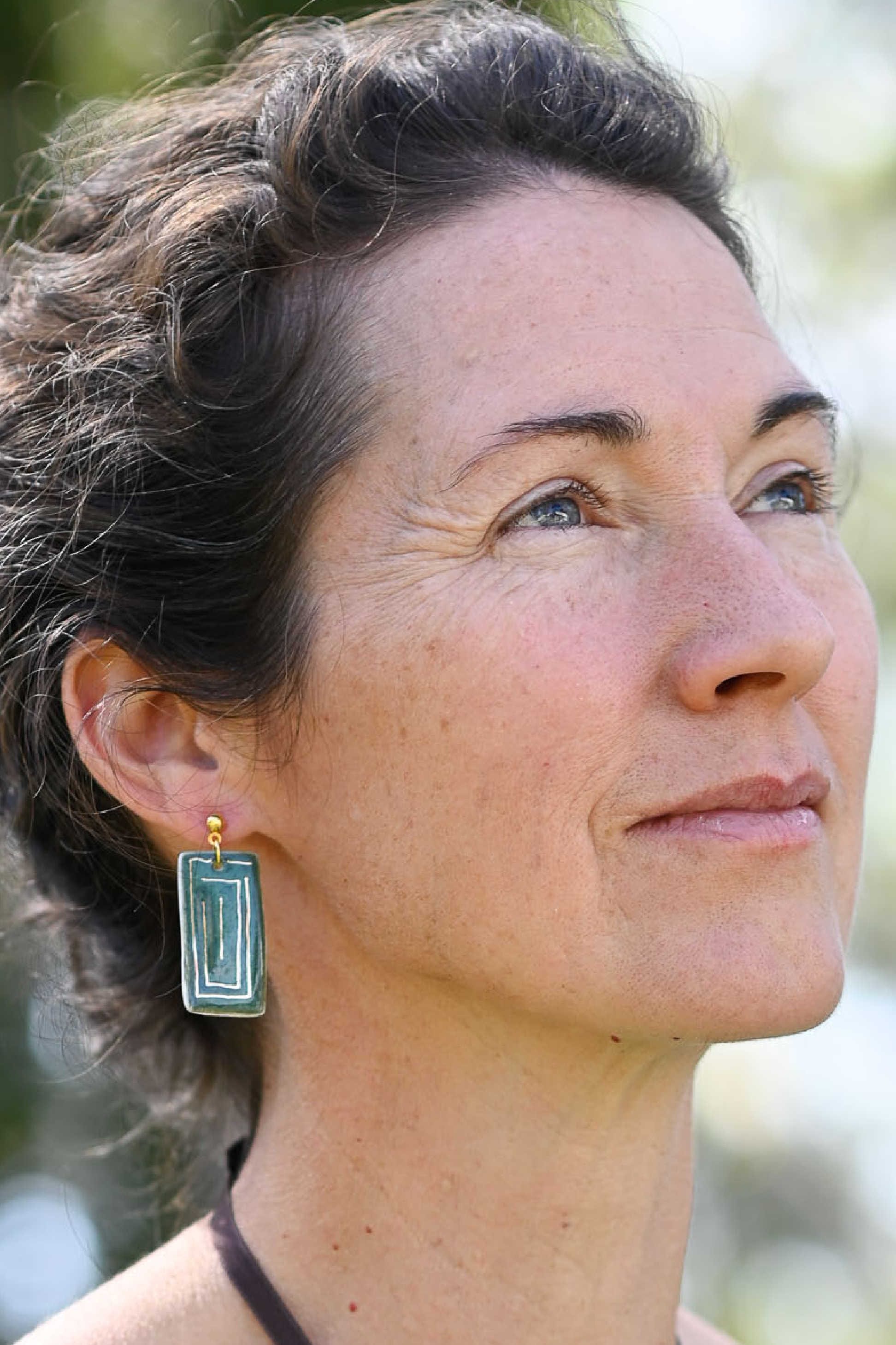 Ceramic Rectangle Earrings Gold Blue Green