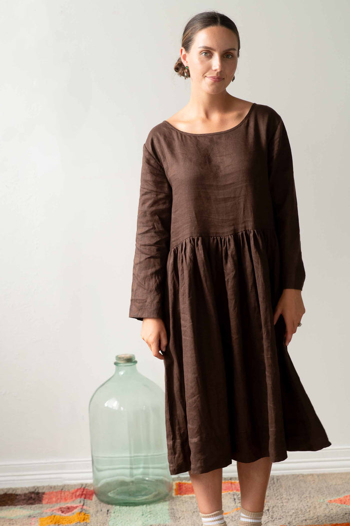 Eliza Dress Chicory in brown worn by woman