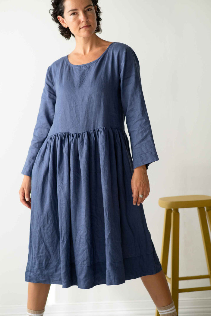 Eliza Indigo Dress, long-sleeved, on woman