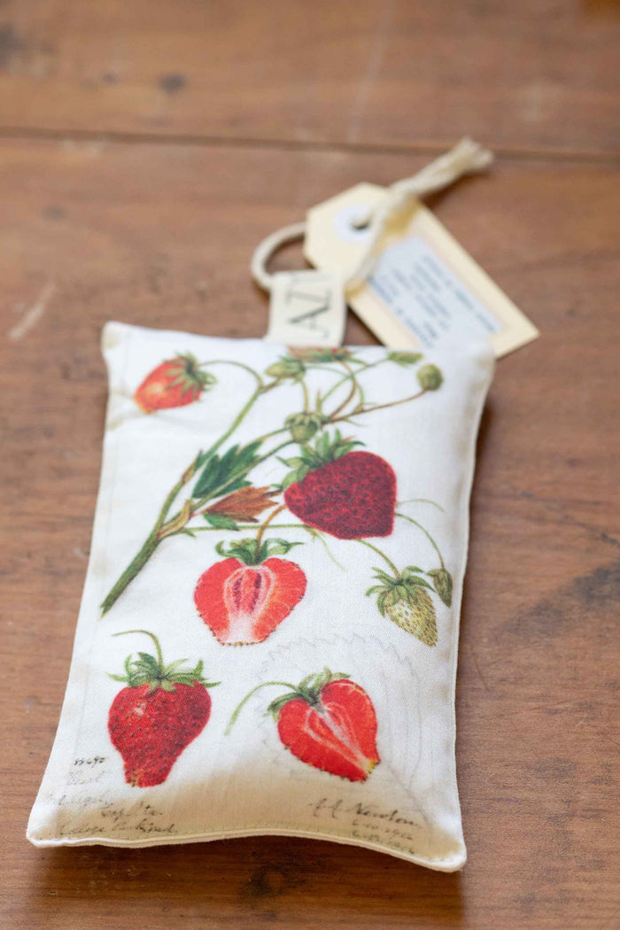 Strawberry scented sachet with botanical illustration.
