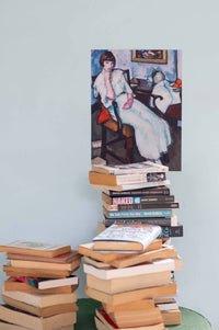 Girl in white painting above stacked books.