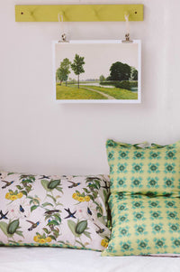Hummingbird pillowcase set with art print of tranquil park scene.