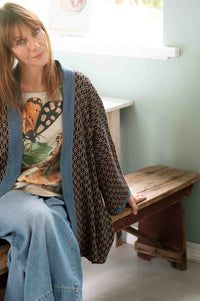 Lola cardigan with insect print tee and denim jeans