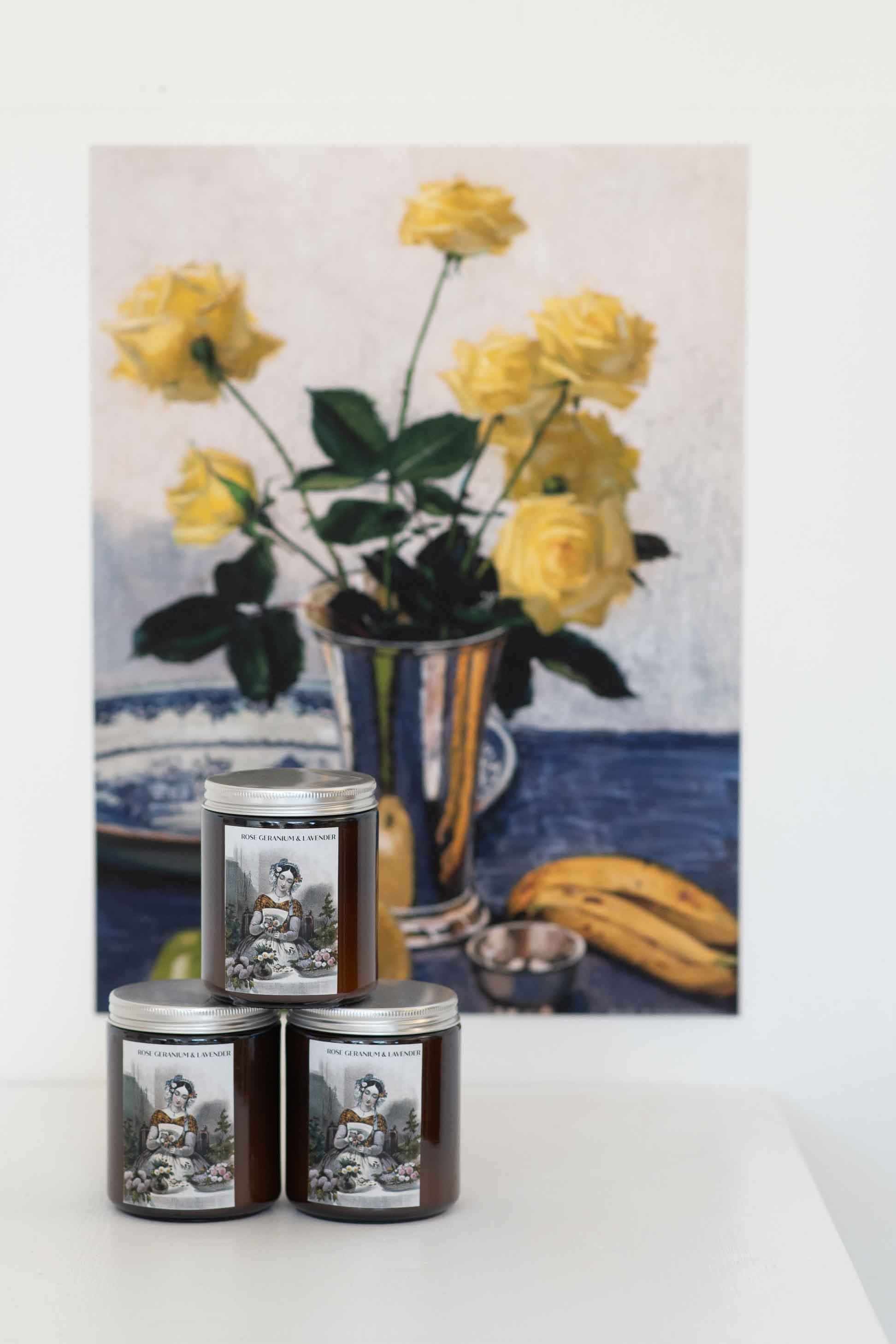 Rose Geranium Candles with yellow roses
