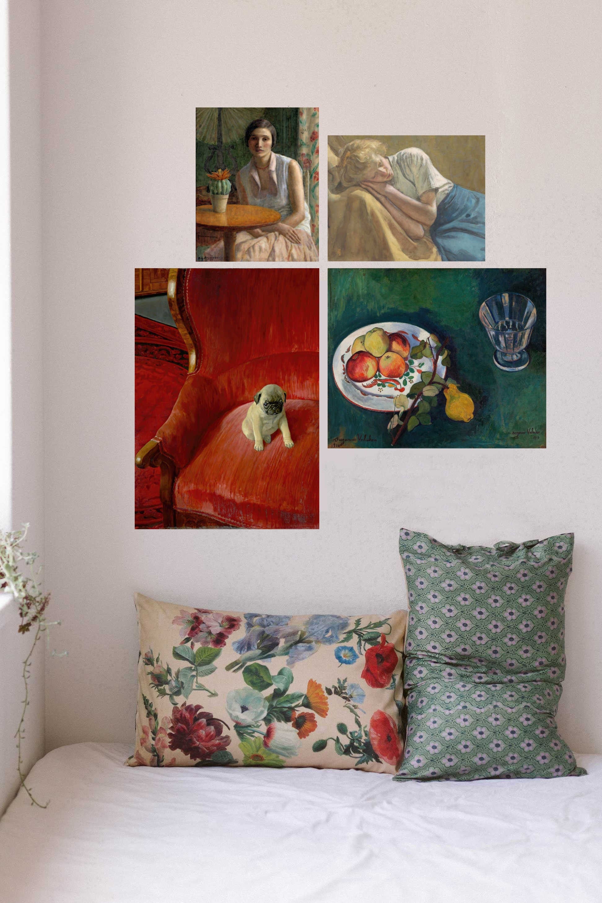 Summer flowers pillowcase set with art prints of a girl, pug, and still life.