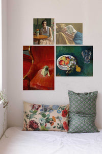 Summer flowers pillowcase set with art prints of a girl, pug, and still life.