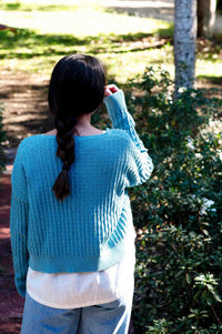 Woman in blue cardigan & jeans, SundayCardiganMarineLucyJeans