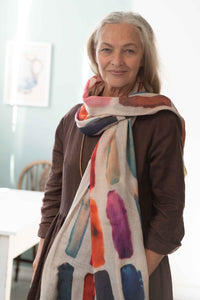 Woman wearing Eliza Chicory swatch scarf
