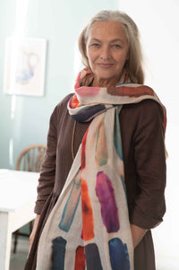 Woman wearing Eliza Chicory swatch scarf
