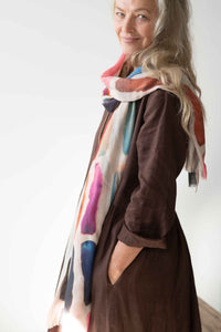 Eliza Chicory Swatch Scarf on woman in brown dress