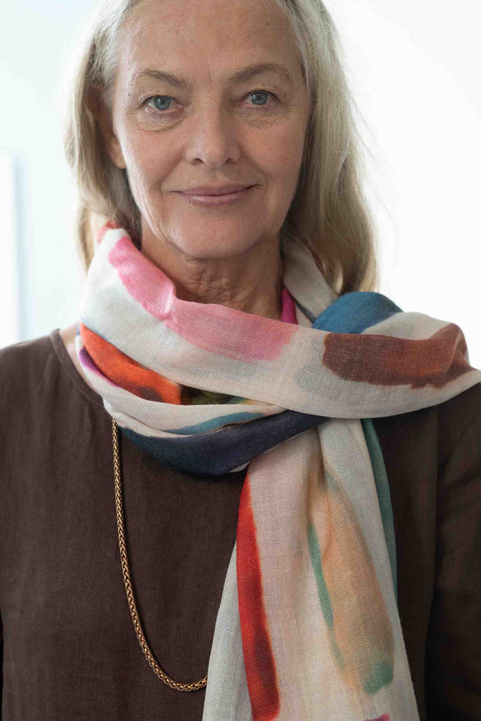 Eliza Chicory scarf swatch on woman