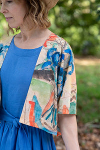 Woman wearing Wren Gentian Jane Lapis jacket