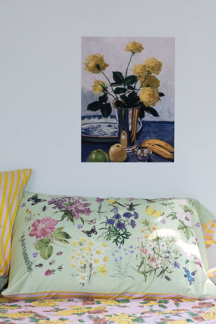 Still life painting with yellow roses, busy garden pillow