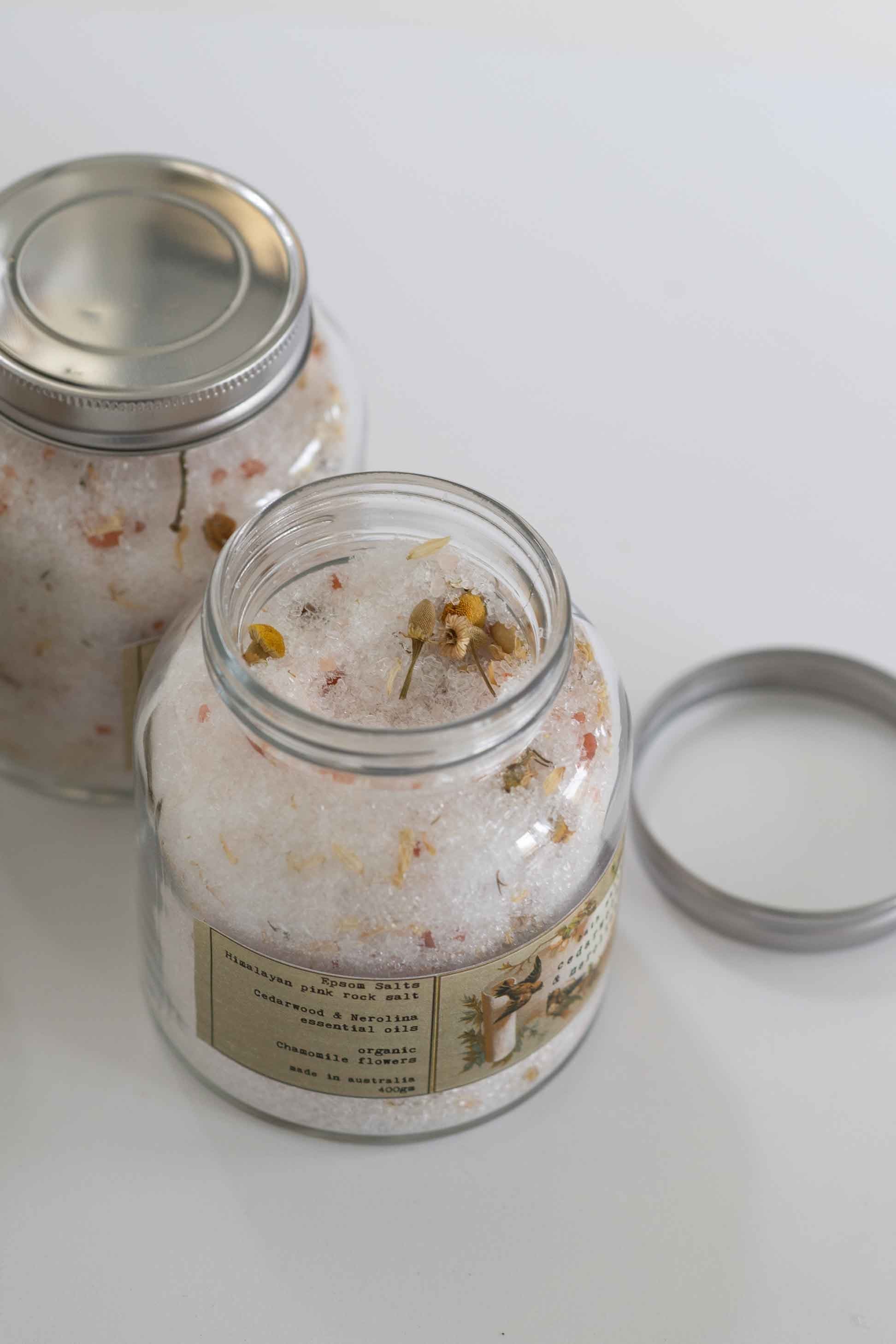 Cedarwood bath salts in glass jars